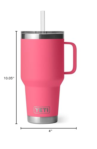YETI Rambler 35 oz Tumbler with Handle and Straw Lid, Travel Mug Water Tumbler, Vacuum Insulated Cup with Handle, Stainless Steel, Tropical Pink - color: Tropical Pink, style: 35oz