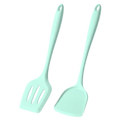 2-Pack Silicone Spatula Set, Heat Resistant Spatulas for Baking & Mixing, BPA-Free Solid & Slotted Turner for Non-Stick Pans, Kitchen Utensils for Scraping, Sauteing and Flipping (Mint Green) - color: Mint Green