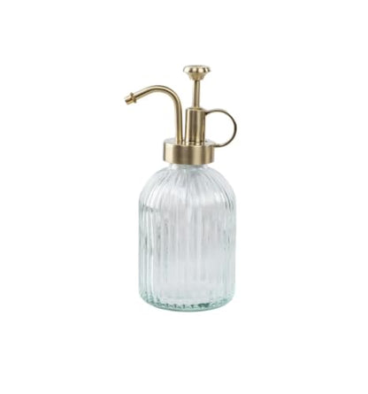 Vintage Vertical Striped Glass Plant Mister, Brass Pump Small Watering Spray Bottle for Succulent Indoor Plants