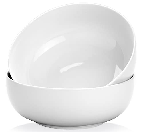 Pasta Serving Bowls 120 Ounce 9.7” Large Serving Bowls, Porcelain Salad Bowls for Kitchen, Big White Soup Bowls, Oven Dishwasher Safe, Set of 2 | Smooth Glaze, Easy-Clean, Stackable, Oven/Microwave/Dishwasher/Freezer Safe, Deep enough for Soup, Fruit, and