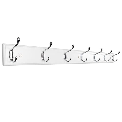 Wooden Wall Mounted Coat Rack – 35 Inch, White with 7 Silver Hooks for Entryway, Hallway, Bedroom - size: Long-35.4in(90cm),7 Silver Hooks, style: Modern