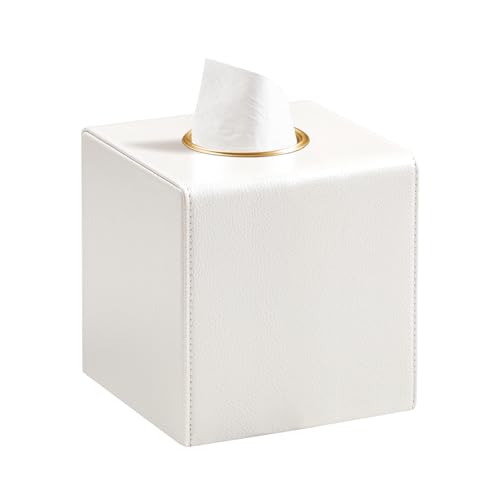 Square Tissue Box Cover with Magnetic Closure, Beige | Luxury PU Leather Tissue Holder with Gold Tone Metal Opening, Fits All Standard Cube Tissue Boxes - color: Beige