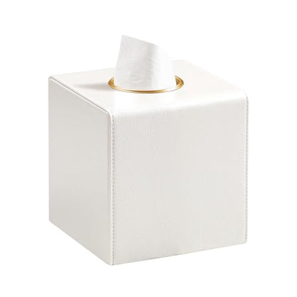 Square Tissue Box Cover with Magnetic Closure, Beige | Luxury PU Leather Tissue Holder with Gold Tone Metal Opening, Fits All Standard Cube Tissue Boxes - color: Beige