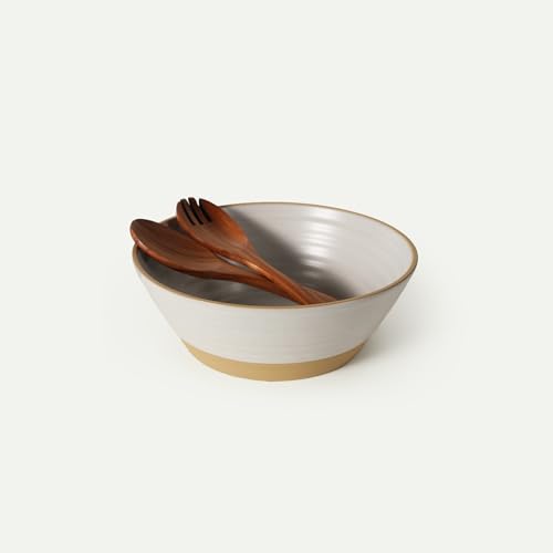MORA Giant Salad Bowl Set with Wood Salad Servers, 4 qt Large Ceramic Serving Bowl for Salad, Pasta & Fruit, Microwave, Oven and Dishwasher Safe - Cloud - color: Cloud