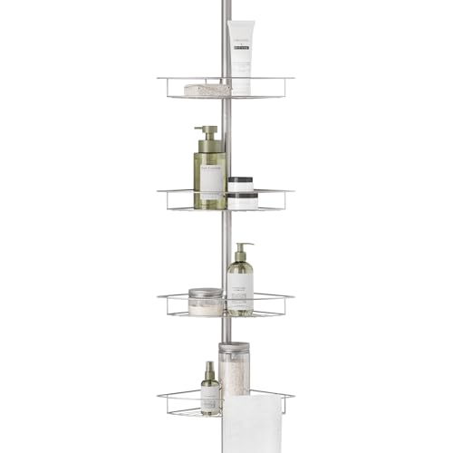 Zenna Home Tension Pole Shower Caddy Corner Organizer, Adjustable Standing Shower Caddy with 4 Baskets and Towel Bar, Rust Resistant Bathroom Tension Rod Organizer, 60 to 97 Inch, Satin Nickel - color: Satin Nickel