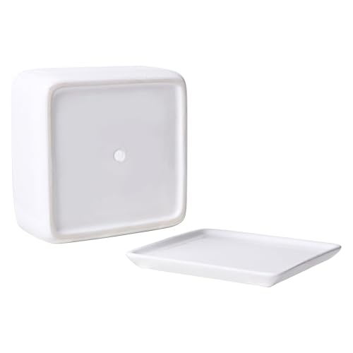 MyGift White Ceramic Square Planter Pot with Drainage Hole & Drip Tray | Suitable for Succulents, Cactus, Herbs, Bonsai, Houseplants & Floral Arrangements - color: White