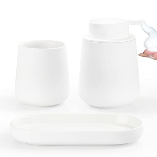 BosilunLife Ceramic Bathroom Accessories Set 3 Pcs | Foaming Soap Dispenser and Toothbrush Holder with Tray, Modern Farmhouse Vanity Decor, White Housewarming Gift - color: White, style: Foam