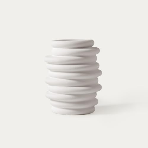 HERNEST HERNEST White Stacked Ring Ceramic Vase - Modern Ribbed Layered Donut Textured Decorative Vase