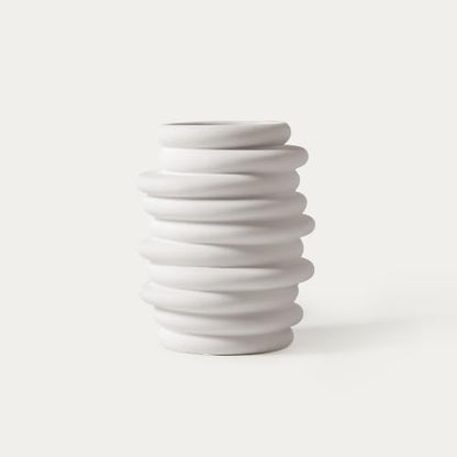 HERNEST HERNEST White Stacked Ring Ceramic Vase - Modern Ribbed Layered Donut Textured Decorative Vase