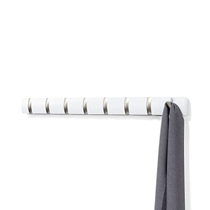 Umbra Flip Coat Rack, Wall Mount 8-Hook, Space Saving, White | Real wood and steel build, retractable hooks fold flat, holds coats bags and scarves, easy install - color: White/Nickel, size: 8-Hook