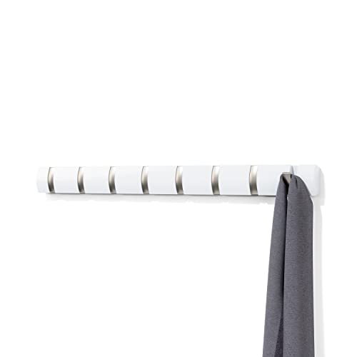 Umbra Flip Coat Rack, Wall Mount 8-Hook, Space Saving, White | Real wood and steel build, retractable hooks fold flat, holds coats bags and scarves, easy install - color: White/Nickel, size: 8-Hook