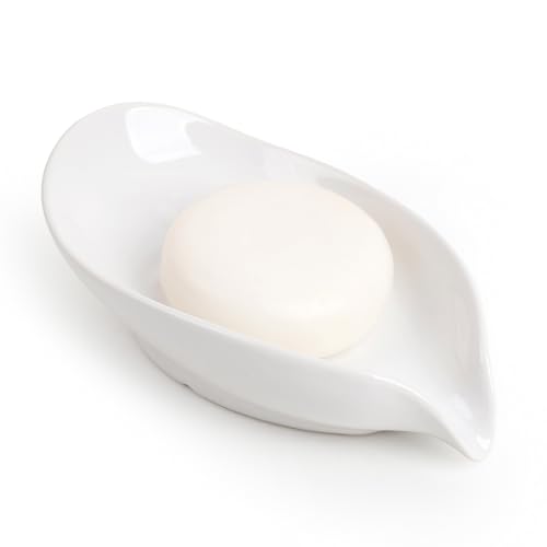 Soap Holder, Self-Draining Soap Dish, White Leaf Shape Ceramic Bar Soap Holder Drain Soap Dishes for Bathroom Sink Kitchen, Easy to Clean Keeps Soap Dry, ANTIS'S HOME - color: White-enhanced Drainage-1pcs