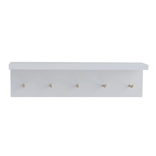 Wall Mounted Coat Rack with Shelf & Key Hooks, 5 Brass Hooks Entryway Organizer, Modern Floating Shelf for Bedroom Hallway, Space-Saving Home Storage Rack (1, White) - color: White