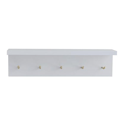 Wall Mounted Coat Rack with Shelf & Key Hooks, 5 Brass Hooks Entryway Organizer, Modern Floating Shelf for Bedroom Hallway, Space-Saving Home Storage Rack (1, White) - color: White