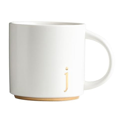 COLLECTIVE HOME Ceramic Coffee Mug, 15 oz Monogram Cup with Gift Box(j) | Dishwasher Safe, Engraved Gold Letter , Personalized Housewarming Birthday Present, Christmas Thanksgiving Mothers Day Gifts - color: gold-j