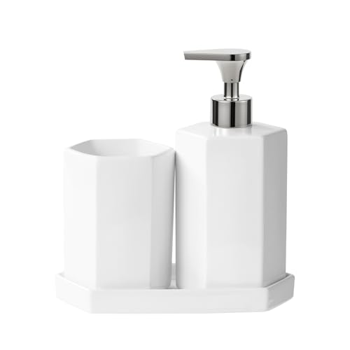 Silver Soap Dispenser Pump Ceramic Bathroom Accessories Complete with Soap Dispenser, Toothbrush Holder, Bathroom Tumbler, and Vanity Tray - Modern Bathroom Decor,3PCS - color: Silver