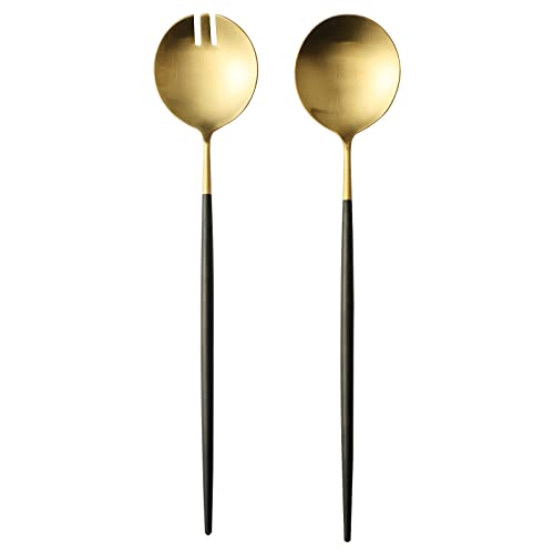 Salad Servers,Spoon and Fork Set 11.41 inch,18/10 Stainless Steel Salad Serving Titanium Plating (black gold) - color: Black/Gold