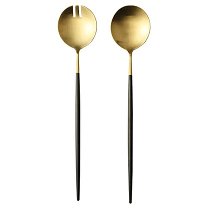 Salad Servers,Spoon and Fork Set 11.41 inch,18/10 Stainless Steel Salad Serving Titanium Plating (black gold) - color: Black/Gold
