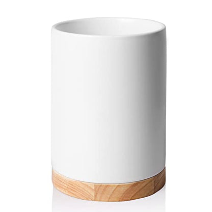 Sweejar Kitchen Utensil Holder with Wooden Bottom, 6.7" Ceramic Utensil Crock to Hold Spatulas for Cooking Countertop, Housewarming, Wedding, Birthday Gift (White) - color: White