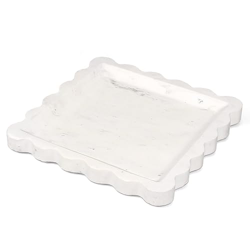 White Marble Tray, Scalloped Coffee Table Tray Decor, 8" Square Tray | Natural Handcrafted Marble Decorative Tray with Anti-Slip Base. Vintage Square Bathroom Tray for Perfume, Vanity and Kitchen - color: White