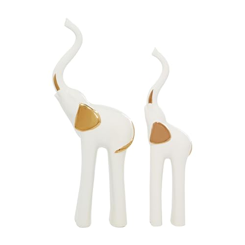 Deco 79 Porcelain Ceramic Sculpture, Set of 2 Sculpture 4"W, 14"H, Gold | Decorative Elephant Animals Home Decor Statues Statue Figurine - size: Set of 2 4"W, 14"H