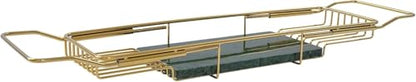Expandable Stainless Steel Bathtub Caddy Tray with White Marble Board, | Extra Wide Rustproof Shelf, Book Tablet & Wine Glass Stand For Luxury Home Spa(Gold+Green) - color: Gold+green