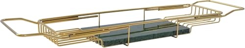 Expandable Stainless Steel Bathtub Caddy Tray with White Marble Board, | Extra Wide Rustproof Shelf, Book Tablet & Wine Glass Stand For Luxury Home Spa(Gold+Green) - color: Gold+green