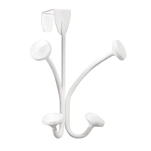 mDesign Decorative Over Door 4 Hanging Hooks, Steel Storage Organizer Rack for Coats, Hoodies, Hats, Scarves, Purses, Leashes, Bath Towels, Robes, Mens and Womens Clothing - White