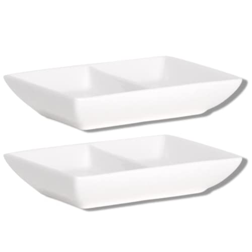 Needzo White Ceramic Divided Ceramic Dish, Two Compartment Dipping Sauce Container Appetizer Holder for Parties, Pack of 2, 4 Inches