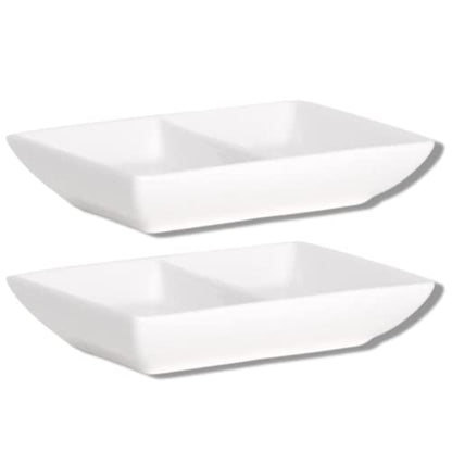 Needzo White Ceramic Divided Ceramic Dish, Two Compartment Dipping Sauce Container Appetizer Holder for Parties, Pack of 2, 4 Inches