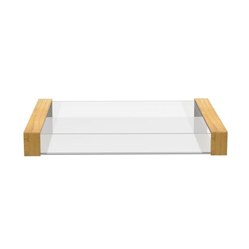Acrylic Serving Tray with Wooden Handles, Rectangle | Clear, For Bathroom Vanity, Coffee Table, Kitchen Counter, Ottoman, For Food, Drinks, Perfume, Cosmetics, Decorative