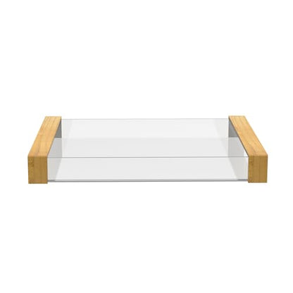 Acrylic Serving Tray with Wooden Handles, Rectangle | Clear, For Bathroom Vanity, Coffee Table, Kitchen Counter, Ottoman, For Food, Drinks, Perfume, Cosmetics, Decorative