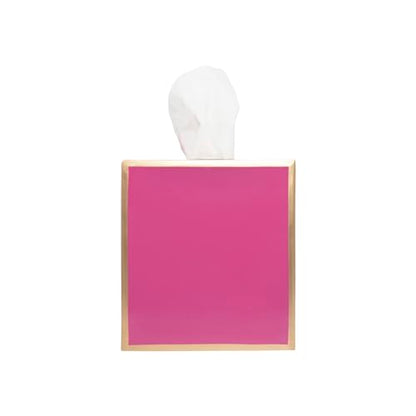 Jaye's Studio Pink Tissue Box Cover, Cute Square Metal Cube for Bathroom | Matte Hand-Painted Finish, Fits Standard Facial Holders, Gold Trim Detail, Open Bottom, Vanity Dorm Desk Use - color: Pink
