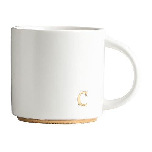 COLLECTIVE HOME Ceramic Coffee Mug, 15 oz Monogram Cup with Gift Box(C) | Dishwasher Safe, Engraved Gold Letter , Personalized Housewarming Birthday Present, Christmas Thanksgiving Mothers Day Gifts - color: gold-c