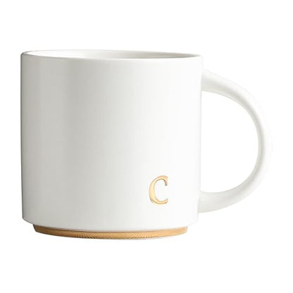 COLLECTIVE HOME Ceramic Coffee Mug, 15 oz Monogram Cup with Gift Box(C) | Dishwasher Safe, Engraved Gold Letter , Personalized Housewarming Birthday Present, Christmas Thanksgiving Mothers Day Gifts - color: gold-c