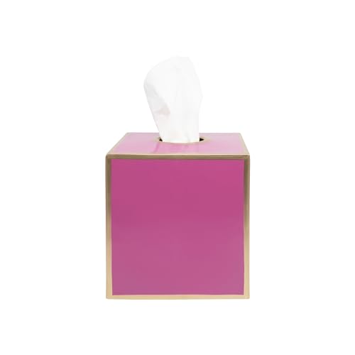 Jaye's Studio Pink Tissue Box Cover, Cute Square Metal Cube for Bathroom | Matte Hand-Painted Finish, Fits Standard Facial Holders, Gold Trim Detail, Open Bottom, Vanity Dorm Desk Use - color: Pink