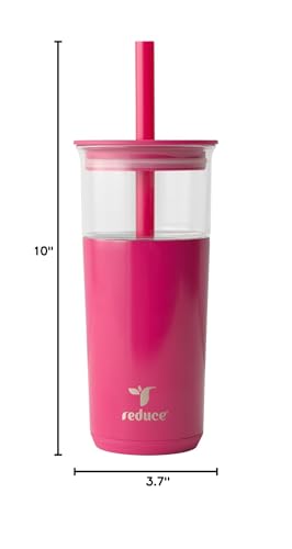 REDUCE Aspen - 20oz Vacuum Insulated Glass Tumbler - Extra Wide Straw & Lid | Keeps drinks cold for 12 hours, ideal for iced coffee, smoothies & boba, dishwasher safe, soft base - color: Dragonfruit