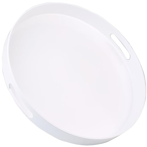 Round White Decorative Serving Tray with Handles, 13” Versatile Ottoman Tray for Coffee Table, Entertaining, Outdoor Patio, Living Room - color: White, size: 13"