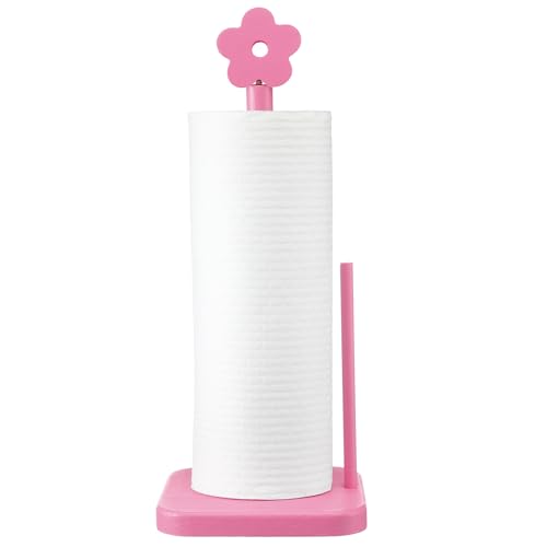 Leinuosen Pink Flower Paper Towel Holder Coquettish Cute Flower Wooden Paper Towel Holder Pink Bathroom Countertop Accessories Kitchen Roll Stand Organizer Standing Apartment Decor Housewarming Gift - style: Flower