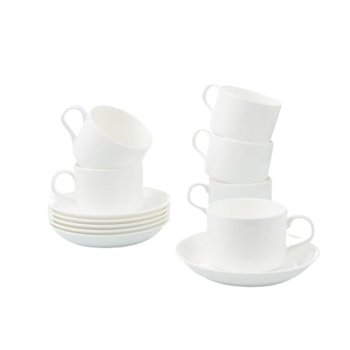 Fine Bone China Stackable Cup and Saucer Set of 6, Pure White Color Glaze Easy to Clean, 6 oz Capacity for Espresso & Cappuccino, Thin and Lightweight Comfortable to Hold, Microwave & Dishwasher safe