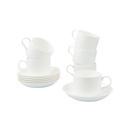 Fine Bone China Stackable Cup and Saucer Set of 6, Pure White Color Glaze Easy to Clean, 6 oz Capacity for Espresso & Cappuccino, Thin and Lightweight Comfortable to Hold, Microwave & Dishwasher safe
