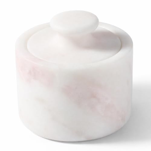 Marble Salt Cellar with Lid, Stone Pepper Container & Spice Jars | 3.5" Marble Salt and Pepper Holder, Stone Storage Box for Kitchen Counter, Spice Jar (Namibia Rose White) - color: Namibia Rose