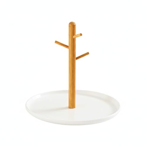 Ceramic Key Holder Tray with Hooks for Entryway, Desk, or Dresser Organization - Compact Catchall for Keys, Coins, and Jewelry - color: White