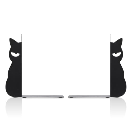 Angry Cat Bookends Set of 2 Metal Book Ends for Shelves Desk | Sarcastic Silhouette Design, Holds Books on Bookshelf or Office, Black Metal Construction, Gift for Cat Lovers and Readers - style: Angry Cat