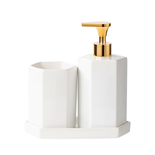 Ceramic Bathroom Accessories Complete with Soap Dispenser, Toothbrush Holder, Bathroom Tumbler, and Vanity Tray - Modern Bathroom Decor,3PCS (Gold) - color: Gold