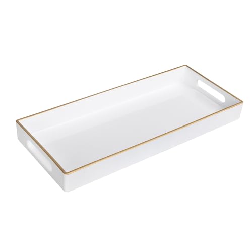White Bathroom Tray, Rectangular Toilet Tank Trays with Handles | Modern Narrow Countertop Trays, Plastic Decorative Trays, Perfume Organizer Trays for Dresser, Kitchen, 13.8" x 6" x 1.57" - color: White