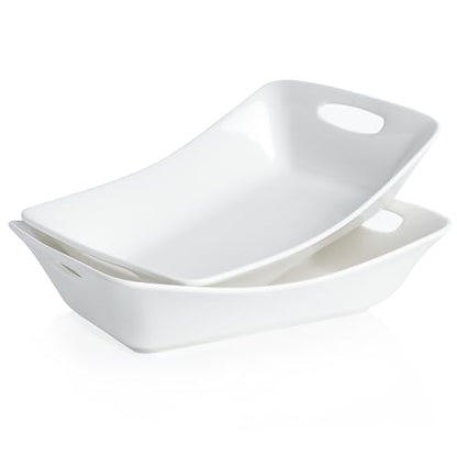 Kanwone Large Serving Bowls with Handles, White Serving Dishes For Entertaining, 1.8 Quarts Porcelain Bowl Set for Turkey, Fruit, Salad, Rectangle Serving Platter for Parites, Thanksgiving, Set of 2
