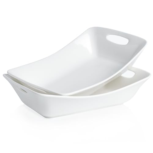 Kanwone Large Serving Bowls with Handles, White Serving Dishes For Entertaining, 1.8 Quarts Porcelain Bowl Set for Turkey, Fruit, Salad, Rectangle Serving Platter for Parites, Thanksgiving, Set of 2