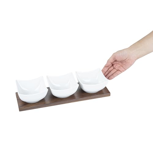Restaurantware-15 Ounce Bowl Set with Tray - 1 Dishwashable Serving Set, Includes 3 Porcelain Bowls And 1 Bamboo Tray, Durable, White Porcelain And Bamboo Bowl And Platter Kit, Reusable, Freezable - size: Triple set, style: Cocktail