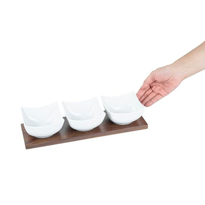 Restaurantware-15 Ounce Bowl Set with Tray - 1 Dishwashable Serving Set, Includes 3 Porcelain Bowls And 1 Bamboo Tray, Durable, White Porcelain And Bamboo Bowl And Platter Kit, Reusable, Freezable - size: Triple set, style: Cocktail